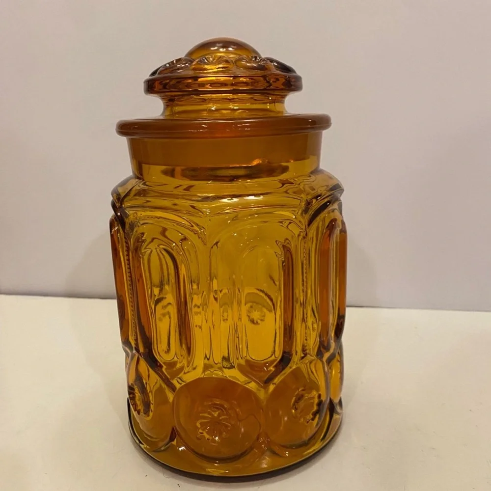 Vintage LE Smith Moon and Stars Amber Glass Cannister 9.5”